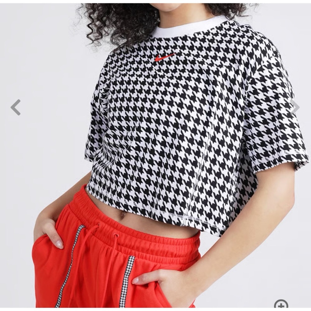 NIKE WOMEN ICON CLASH HOUNDSTOOTH SHORT SLEEVE CROP TOP LOGO TEE 2X *PRISTINE*